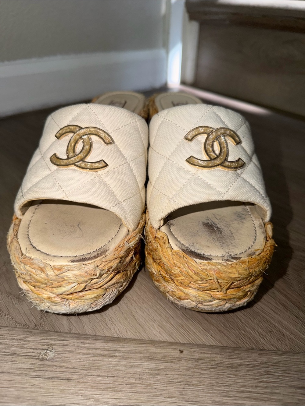 CHANEL Cream Quilted Espadrille Wedge Slide with Gold CC - Picture 8 of 16
